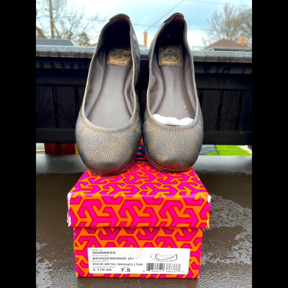 Tory Burch Eddie Metallic Bronze Brown Elastic Ballet Flat Leather Women's Sz 7